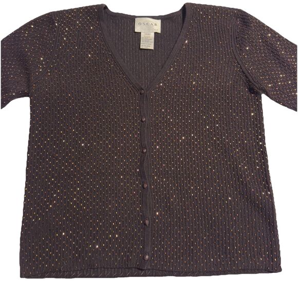 Oscar de la Renta Sz PXS Petit Cropped Cardigan Beaded Dark Brown Cashmere Silk - Picture 1 of 8